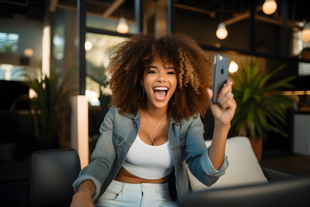 African American woman with the phone in a coffee shop