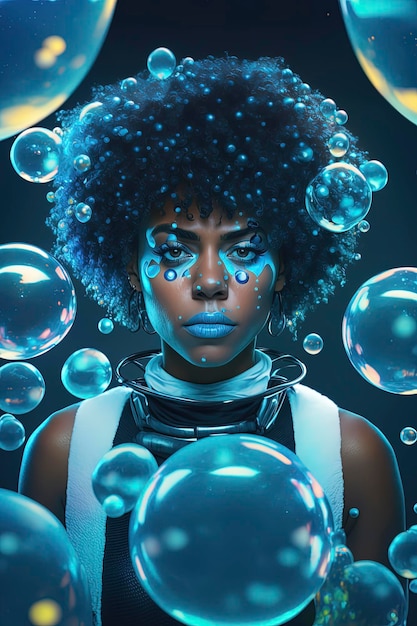 African American woman with short curly blue hair posed in front of a background of water ice and giant blue bubbles AI Generated