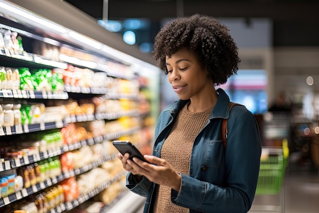 スマートフォンを持ったアフリカ系アメリカ人の女性が食料品店で必要な商品のリストをチェックしている