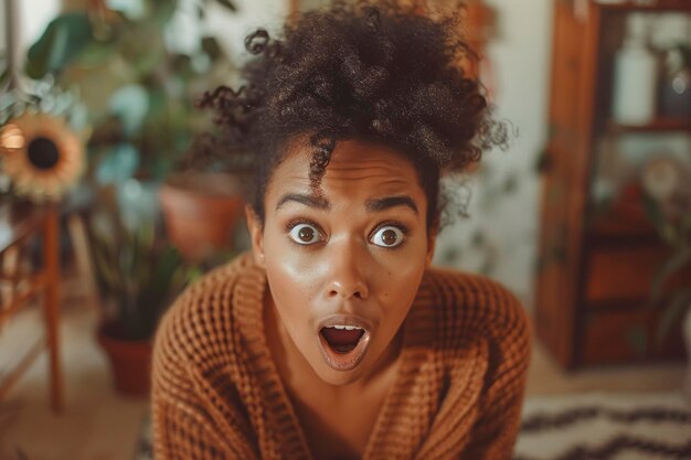 African American woman with surprised expression looking at camera at home