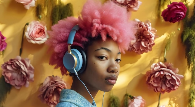 활기찬 분홍색 머리카락을 가진 아프리카계 미국인 여성이 헤드폰을 착용하고 있습니다.