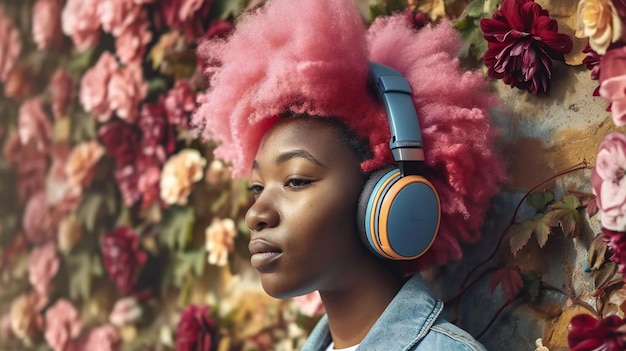 Афроамериканка с яркими розовыми волосами, надевающая наушники.