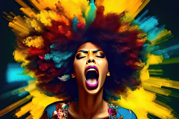 African American woman with voluminous afro hair in a pop art style with bold color contrasts of dark cyan and yellow Perfect for graphic design projects Generative AI