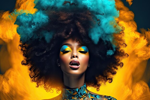 Photo african american woman with voluminous afro hair in a pop art style with bold color contrasts of dark cyan and yellow perfect for graphic design projects generative ai