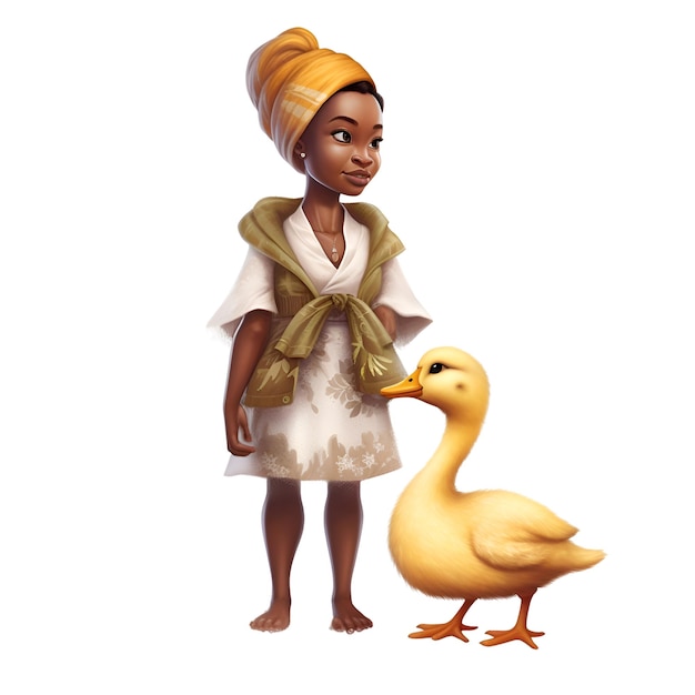 An African American woman with a yellow duck on a white background