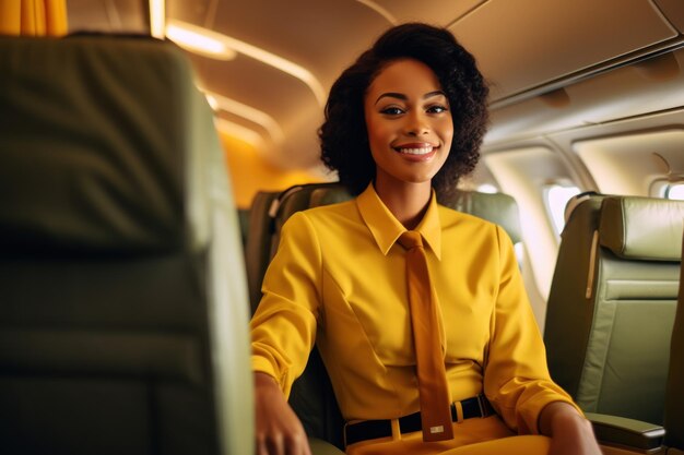 African American woman working as flight attendant Female airplane stewardess interior