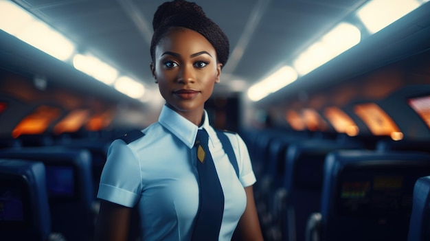 African American woman working as flight attendant Female airplane