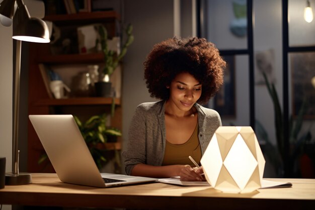 African American Woman working on her computer at home remote working or freelancer