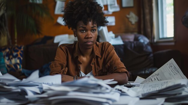 African american woman working in the office with piles of paperwork