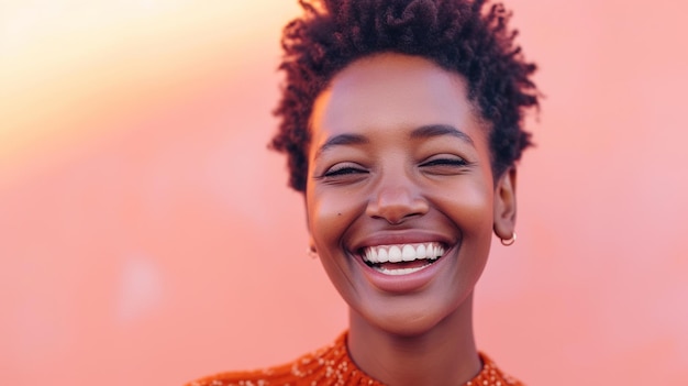 African american womans face portrait with perfect smile during sunset