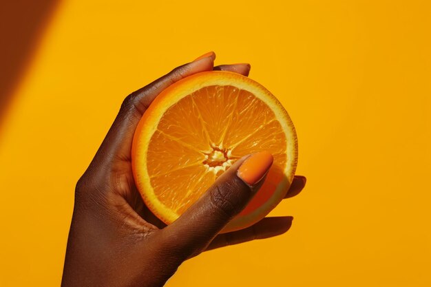 Photo african american womans hand holding half a juicy orange against orange background in sunlight