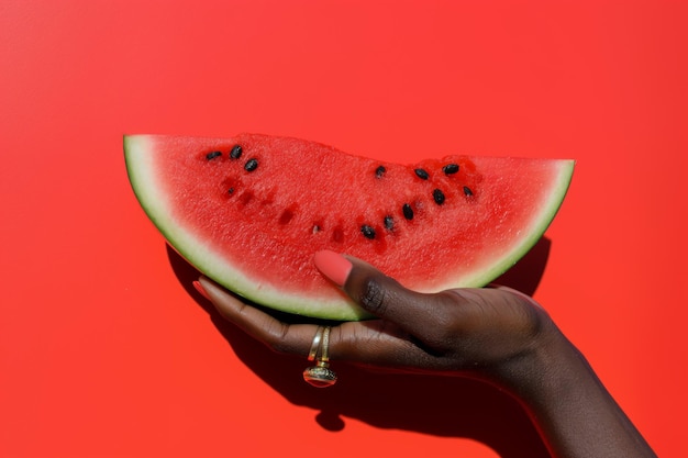 African american womans hand holding a slice of watermelon against red background in sunlight