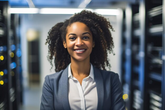 A african american women standing in the server room