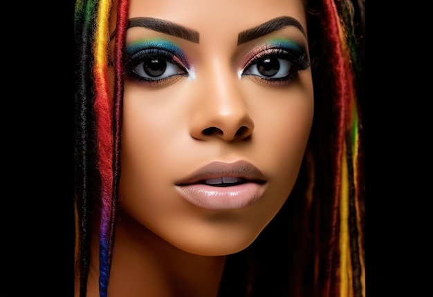 자부심을 가진 아프리카계 미국인 여성, 얼굴에 색을 칠한 LGBTQ 인권 자부심의 달, 무지개 발