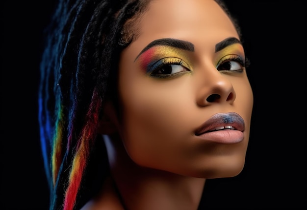 자부심을 가진 아프리카계 미국인 여성, 얼굴에 색을 칠한 LGBTQ 인권 자부심의 달, 무지개 발