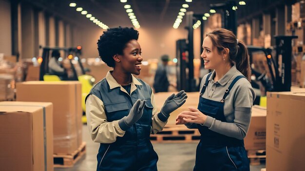 Photo african american worker communicating with her female colleague while preparing shipment in industr