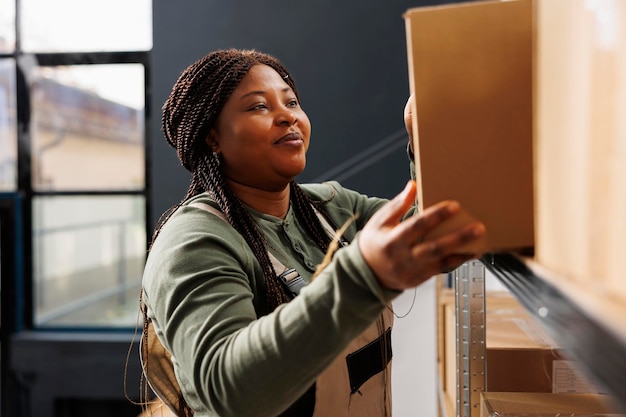 African american worker looking at metallic shelf taking out cardboard box during storehouse inventory. Stockroom employee preparing customers order, working at packages in storehouse