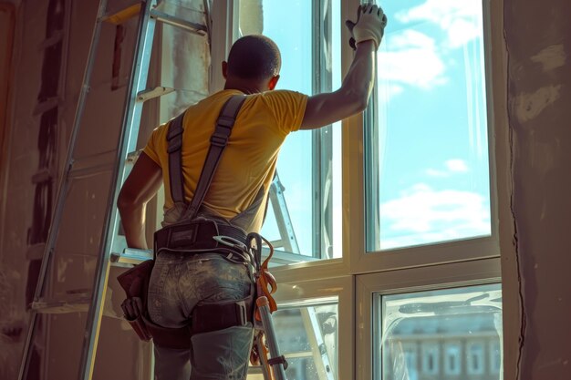 Foto un operaio afroamericano sostituisce le finestre di un appartamento