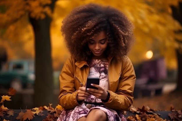 African american young adult woman sitting on the ground in fallen autumn maple leaves looking in