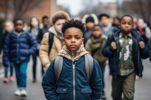 アフリカ系アメリカ人の少年が同級生と抗議のサインをして立ち止まる 学校での人種差別