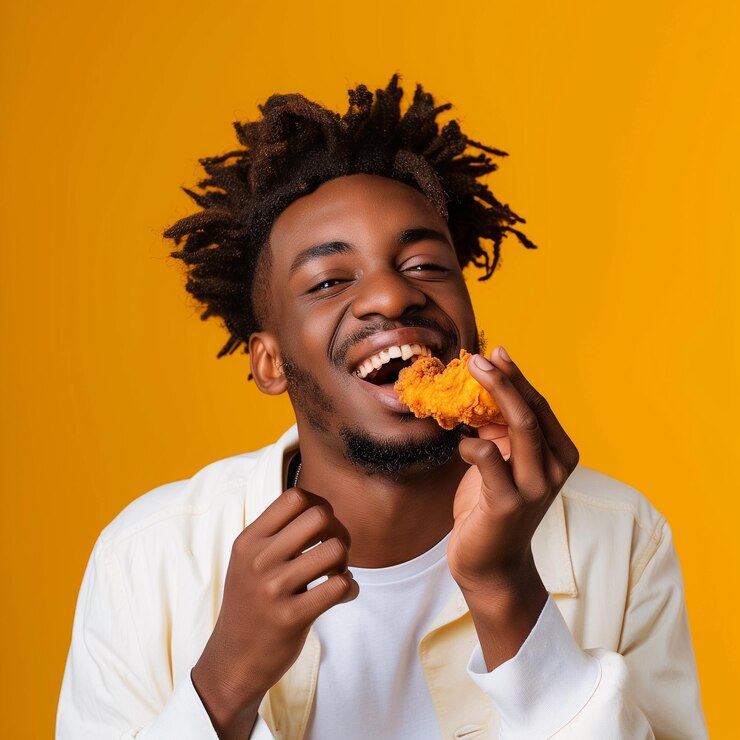 African American young guy eats fried chicken fast food Emotions of joy and happiness surprise