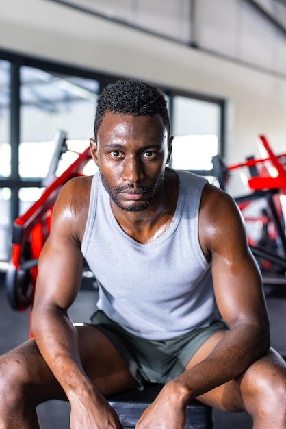 African American young male athlete sitting in gym looking at camera