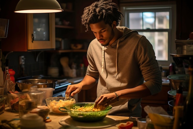 アフリカ系アメリカ人の若者がキッチンで食事を作っている