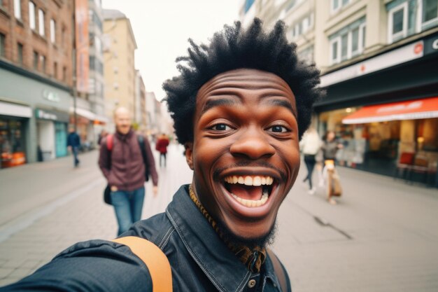 Афро-американский молодой человек счастлив и удивлен выражением лица города