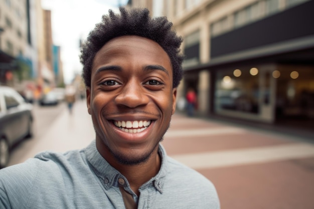 african american young man happy and surprised expression city background