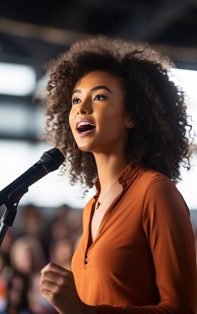 African American young strong woman speaking in public in front of a crowd of people