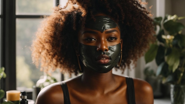 african american young woman puts on DIY facial mask skincare Self care concept