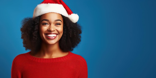 African American young woman in santa hat over red background She is smiling and looking at camera