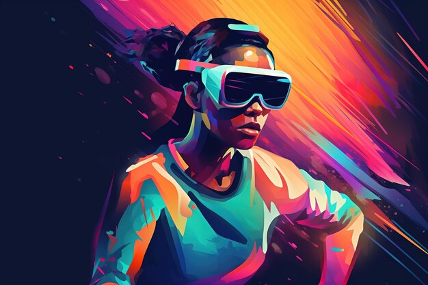 African American young woman using vr goggles vital reality helmet colorful illustration Generative AI