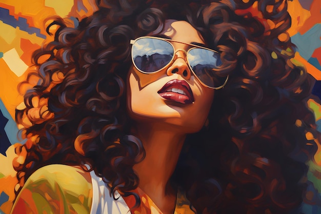 African American young woman with long wavy hair wearing yellow lipstick and sunglasses in white lig