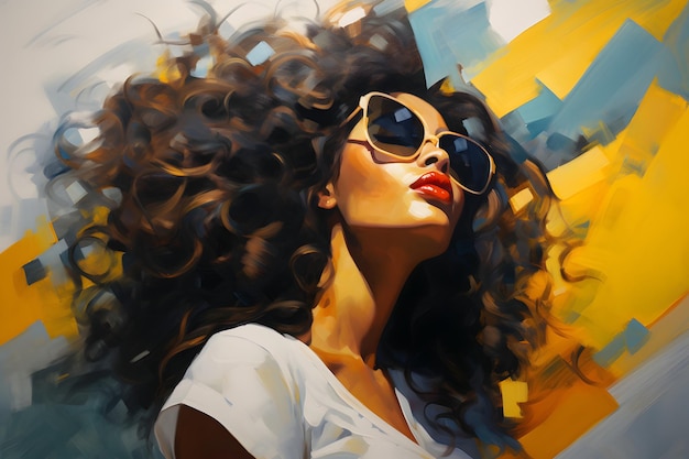 African American young woman with long wavy hair wearing yellow lipstick and sunglasses in white lig