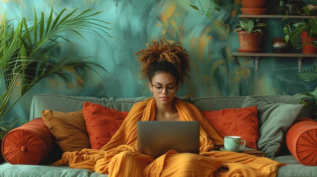 African american young woman working at home on a laptop wrapped in a blanket