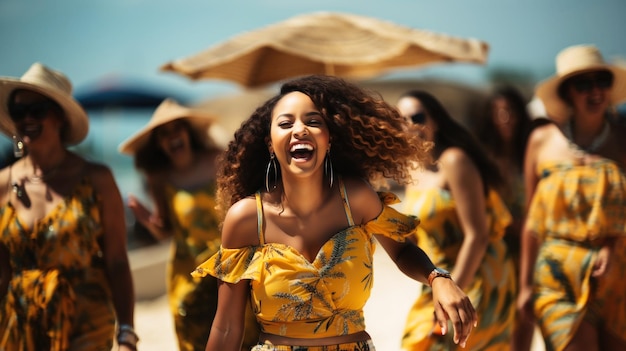 사진 해변에서 춤을 추는 아프리카계 미국인 젊은 여성 노란색 드레스를 입은 암탉 파티 generative ai