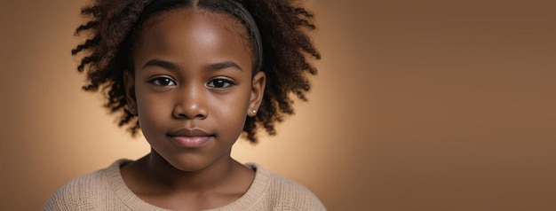 アフリカ系アメリカ人の若い女の子がコピースペースを備えた琥珀色の背景で孤立しています
