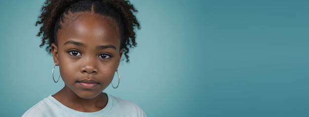 아프리카계 미국인 어린 소녀가 복사 공간과 함께 아쿠아마린 배경에 고립되었습니다.