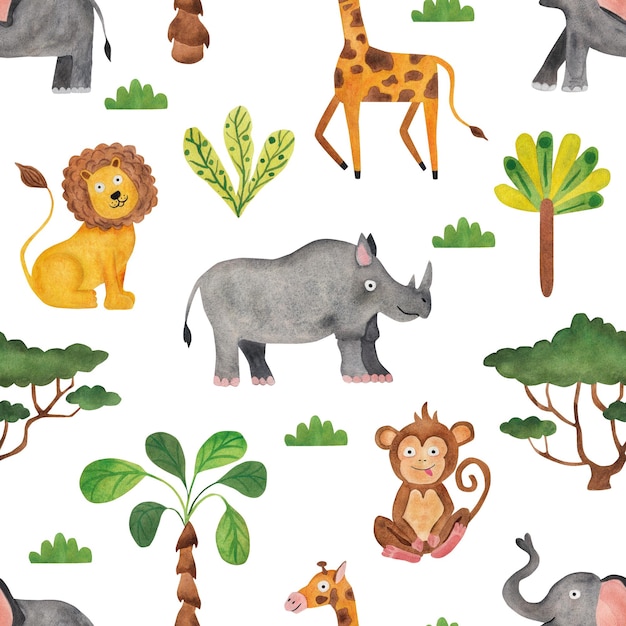 African animals giraffe lion elephant rhinoceros and monkey Seamless pattern Savannah Watercolor illustration in cartoon style