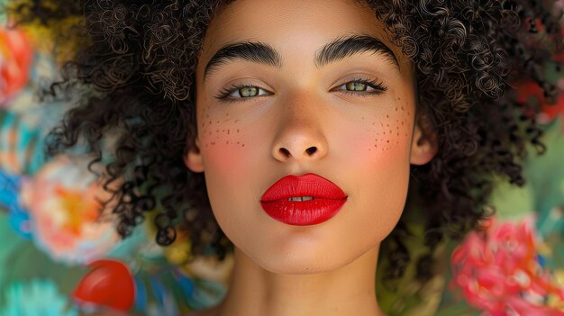 Photo an african beauty with afro hairstyle against a colorful backdrop valentine day red lipstick kisses lips afro hairstyle valentine39s day