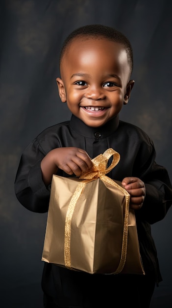 Африканский черный мальчик держит рождественскую подарочную коробку