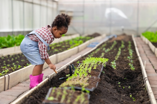 Foto bambino nero africano che gioca a piantare l'albero verde in giardino in una fattoria agricola i bambini amano