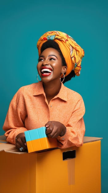 Африканская чернокожая женщина держит коробку