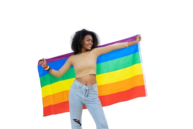 African black women with LGBT rainbow flag happy joyful cheerful celebrate pride month isolated on white background with clipping path