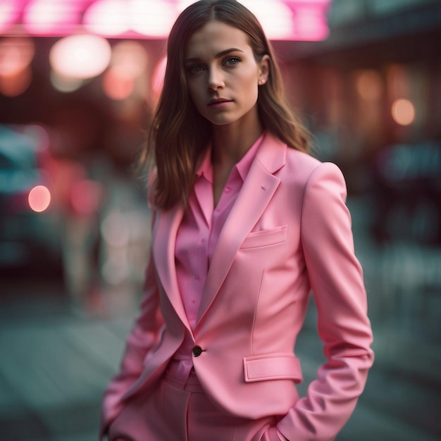 A african black young woman in pink suit with pink background