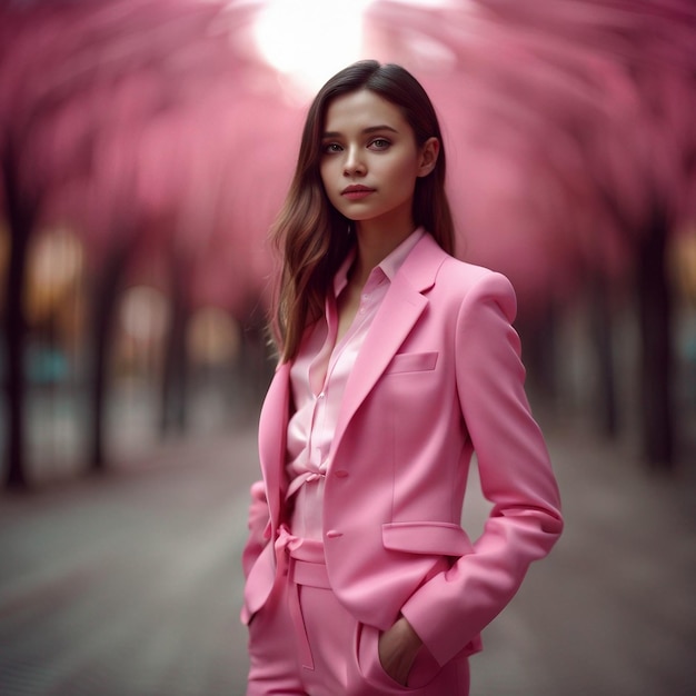 A african black young woman in pink suit with pink background