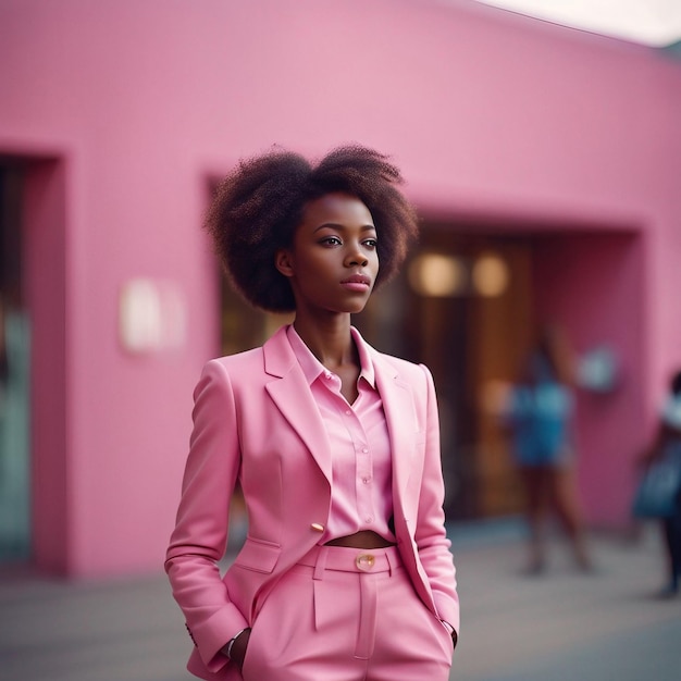 A african black young woman in pink suit with pink background