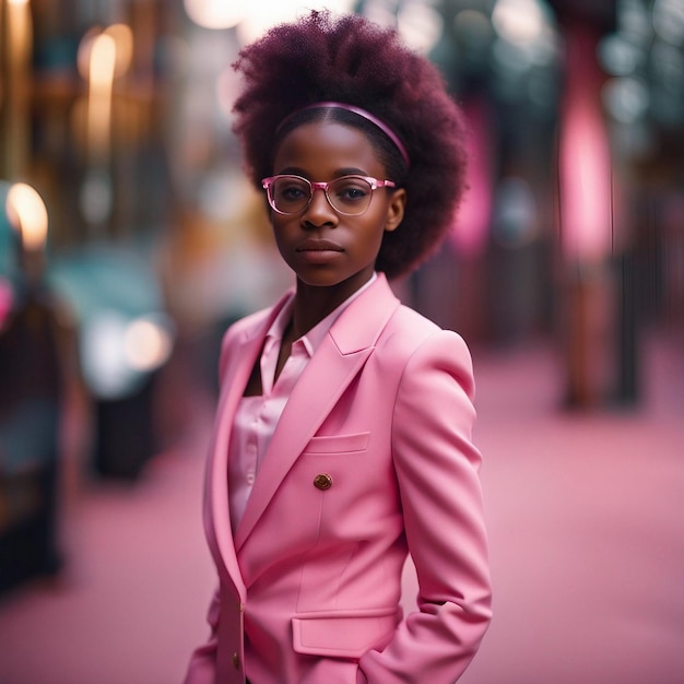 A african black young woman in pink suit with pink background