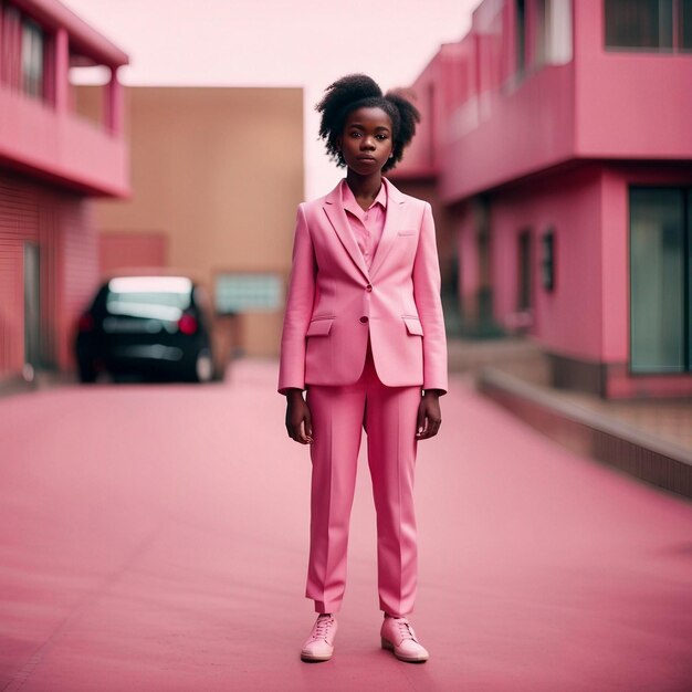 Photo a african black young woman in pink suit with pink background